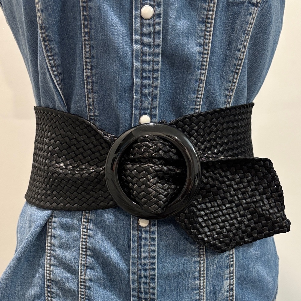 Black Woven Wide Belt Boho Statement Ring Buckle Adjustable Waist Preppy Boho